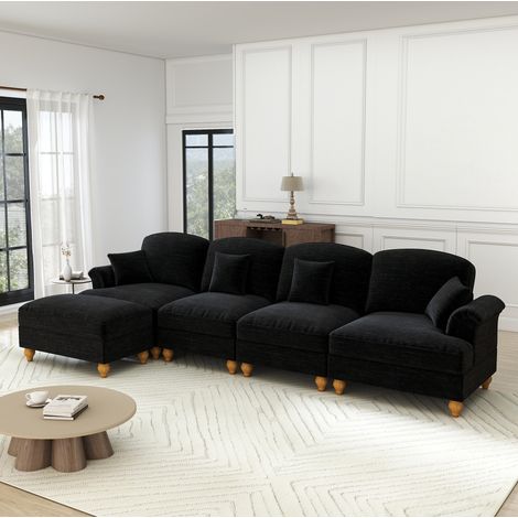 Divano angolare modulare 4 posti in chenille nera con gonna rimovibile e cuscino mobile, comfort profondo,350x140x93 cm (1/5)