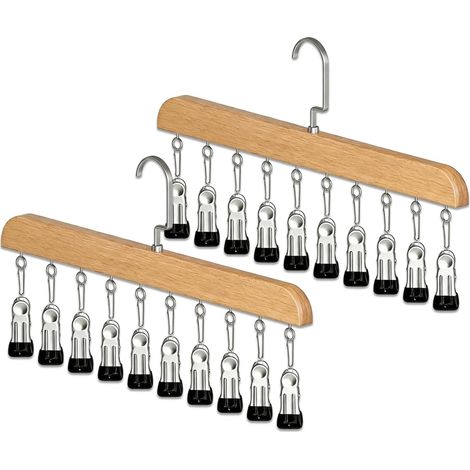 Holzkleiderbügel mit Clips, 2er-Set Hosenbügel mit 10 Clips, 360° drehbarer Haken, für Hosen, Röcke, Socken und Unterwäsche (1/5)