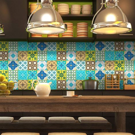 Stickers adhésifs carrelages Sticker Autocollant Carreaux de Ciment Mosaïque carrelage Mural Salle de Bain et Cuisine Carreaux de Ciment adhésif Mural azulejos 20 x 20 cm 9 pièces (1/5)