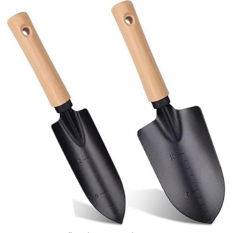 Ensemble de 2 truelles de jardin multifonctions pour le jardinage et le camping : pelle robuste avec manche en bois. (1/5)
