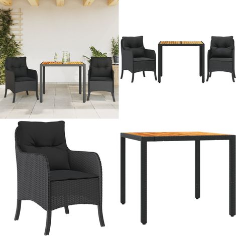 3-tlg. Garten-Essgruppe mit Kissen Schwarz Poly Rattan - Gartenstuhl - Gartentisch (1/5)