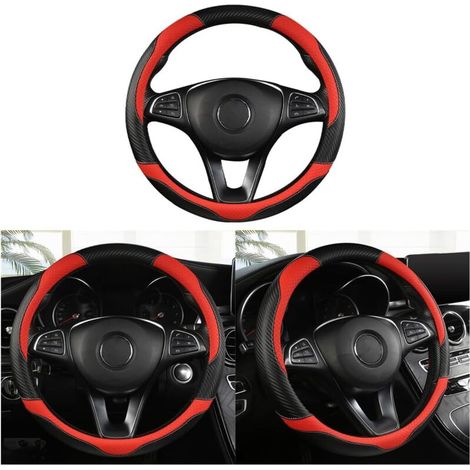 Housse De Volant De Voiture Respirantes, Housses Volant Voiture Antidérapantes en Fibre Carbone Souple, Housse De Volant Universelle pour Quatre Saisons, Accessoires Voiture(Noir/Rouge) (1/5)
