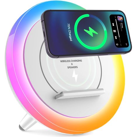 Enceinte Bluetooth - Lampe Veilleuse - Station De Chargement Sans Fil - Support Téléphone - 5 W - Bluetooth 5.0 - 7 Couleurs Led - Blanc (1/5)