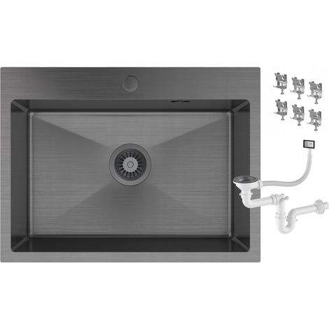 Évier de Cuisine en Acier Inoxydable Granitan Bari60 Noir avec Siphon à Montage Mural et Kit de Fixation (1/5)