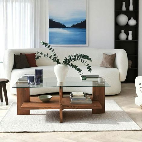 Pier Import – Table basse fixe en verre trempé et bois pin massif – 2 plateaux – Longueur 105 cm, largeur 60 cm, hauteur 40 cm – Élégante pour salon moderne (1/4)