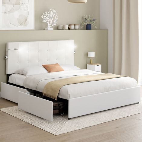 Cama doble MAEL de 140 x 190 cm con cabecero tapizado en PVC blanco, luces de lectura integradas y base y 2 cajones con ruedas