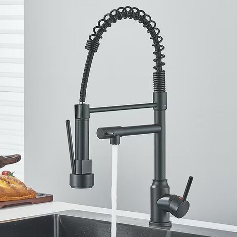 Cross-border spring faucet for kitchen sinks, dishwashing basins, and vegetable washing basins rotatable dual-outlet universal anti-splash faucet - steel body, black [dual function]