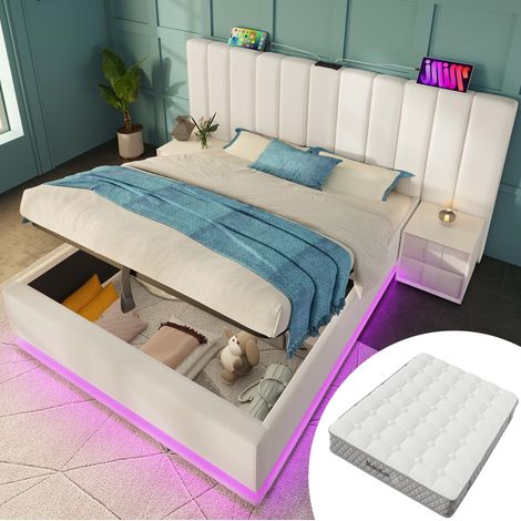 Letto matrimoniale 180x200 cm in PU bianco con LED, contenitore e materasso – MEUBLIV (1/5)