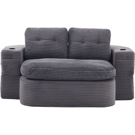 Fauteuil convertible 2-en-1 en velours côtelé avec repose-bras réglables, porte-gobelets doubles et dossier haut, gris foncé (1/5)