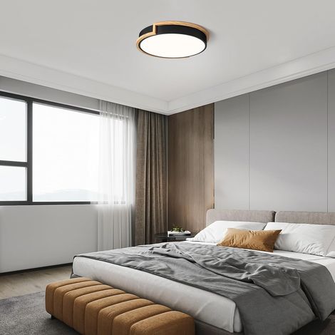 Plafonnier LED noir 40 cm, 36 W, avec bois, idéal pour chambre, salon, cuisine, couloir, salle à manger, lumière blanche [Classe énergétique F]