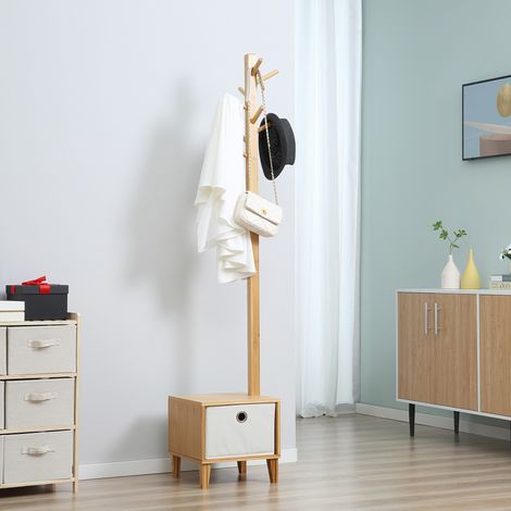 Porte-manteau en bambou avec banc intégré, style arbre, tiroir en tissu et 8 crochets pour suspendre les vêtements, 35 x 35 x 177 cm, naturel