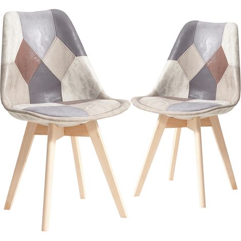 Wokaka Confezione da 2 sedie - Piedi in faggio massello - Sedie imbottite vintage patchwork multicolore (Grigio) (1/5)