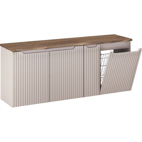 Ensemble meuble salle de bain suspendu NOVA 140cm taupe avec panier à linge et plan effet bois Chêne Casella (1/5)