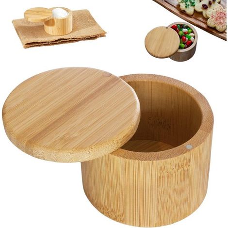 Boîte à sel en bambou 9 x 7 cm - pot à épices avec couvercle saupoudreur pour gros sel et herbes, kaki (1/5)