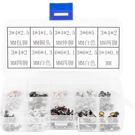 250 pcs 10 Types Tactile Bouton-Poussoir Micro Interrupteur Momentanée Tact Assortiment Kit avec Boîte en Plastique pour Voiture Télécommande Clé. (1/5)