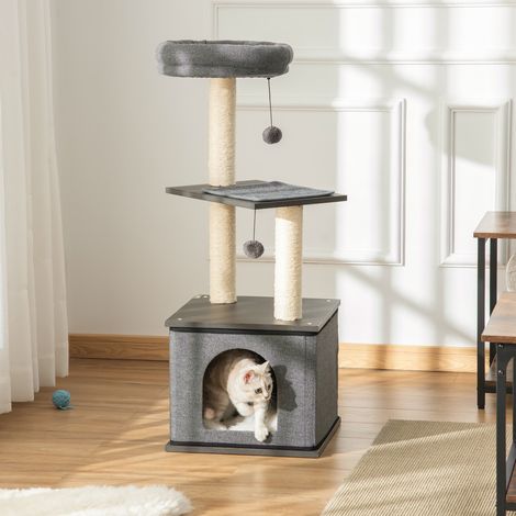Arbre à chat PawHut, jouet pour chat, arbre à chat, options de jeu, corde en sisal, plaque PB, sisal, gris foncé, 40 x 40 x 104 cm