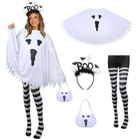 Ensemble de costume de fantôme d'Halloween 4 pièces : poncho fantôme, serre-tête « BOO », collants rayés, sac à bonbons pour cosplay et fête d'Halloween (1/5)