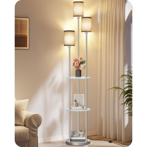Lampadaire avec Étagère, Style Vintage, en Verre, Gris avec 3 Abat-jour en Tissu Lin et 1 Interrupteur à Pied, pour Salon, Chambre, Bureau (1/5)