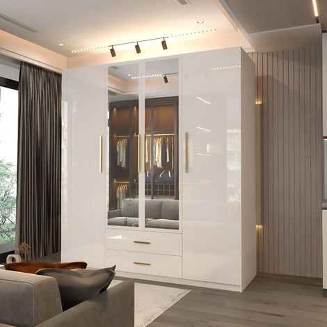 Modern 4 Door High Gloss Wardrobe with Mirror, Drawers & Hanging Rail - White160cm (1/2)