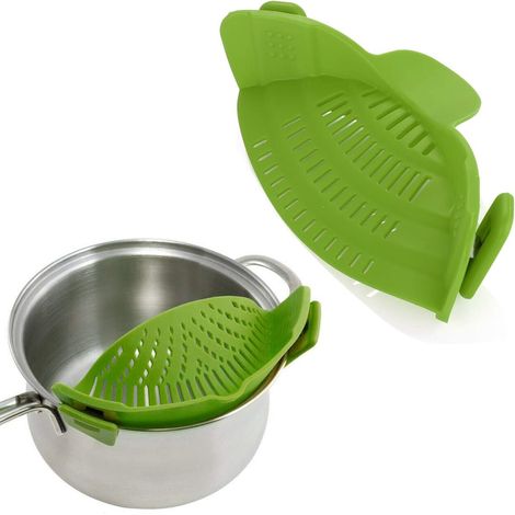 Silikon-Sieb zum Anclipsen – Hitzebeständig – Zum Abgießen von Lebensmitteln beim Kochen oder Ausgießen von Flüssigkeiten – Universalgröße – Grün – 1 Stück