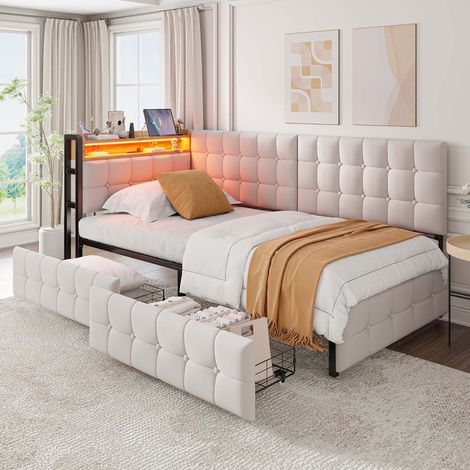 Lit banquette 90x200 cm, canapé-lit rembourré avec 2 tiroirs, LED, USB et Type-C, lit enfant multifonction, beige (1/5)