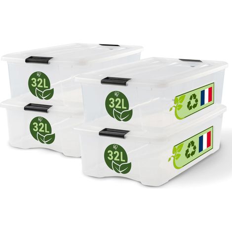 Boite Rangement Plastique avec Couvercle, 32L, Lot de 4, Transparent, Clips de Fermeture, Poignée, Empilable, Organisation Solide et Durable, pour Chambre, Dressing, Bureau, BSB-32 (1/5)