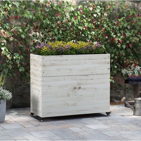 Bac potager surélevé en bois avec armoire de rangement, roulettes et toile de protection, 110 x 50 x 95 cm, blanc, pour jardin et balcon  CHICFURN (1/5)