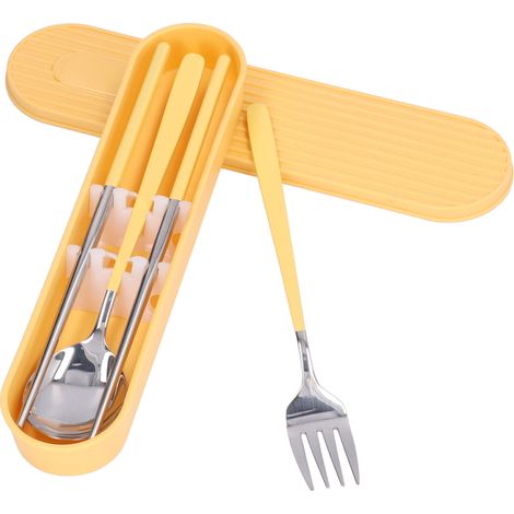 Ensemble de couverts réutilisables en acier inoxydable 304 pour étudiants et bureau - Fourchette, cuillère, baguettes - Jaune et argent