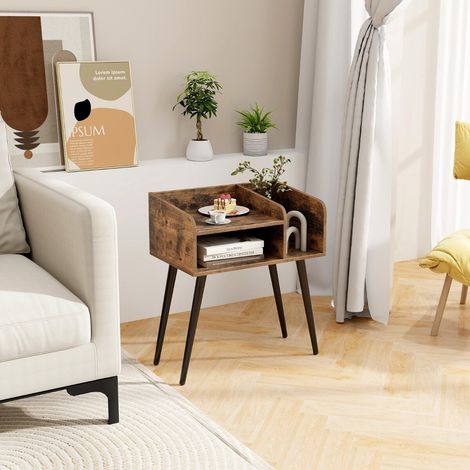 Lot de 2 tables de chevet marron rustique à 2 niveaux avec étagère latérale et pieds en métal réglables, pour chambre et salon (1/5)