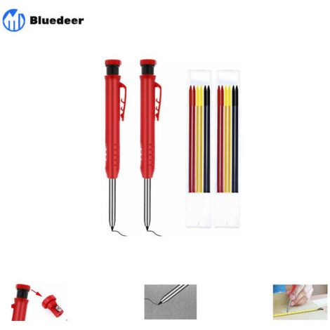 Bluedeer – Lot de 2 porte-mines charpentier automatiques – Pointe allongée 45mm – Recharges en cire jaune et rouge – Pour marquage précis bois (1/5)