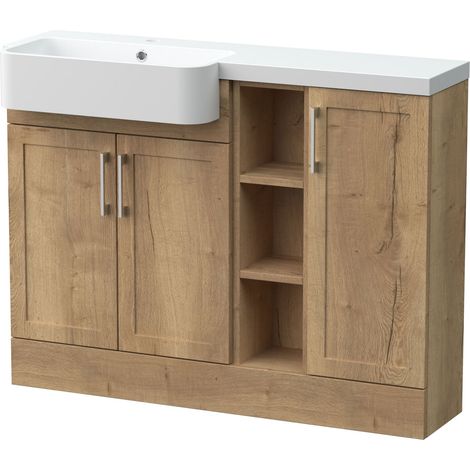 Pirehill Traditional Floor Standing Compact 3 Door Combination Vanity Unit with Shelves and Basin, Left Hand, 1100mm, Autumn Oak