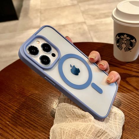 Étui de protection transparent pour iPhone 16 Pro bleu, avec chargeur sans fil magnétique. (1/5)