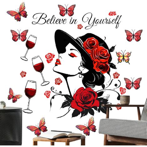 Autocollant mural papillon et - Silhouette féminine - Décoration murale élégante - À décoller et à coller - Décoration murale pour locataires, salle d'étude, décoration murale pour femme (1/5)