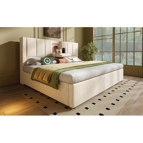 Lit capitonné 180x200 cm avec tablette et chargeur, système hydraulique et rangement, incl. Sommier, sans matelas (1/5)