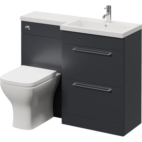 Napoli 390 Gloss Grey 1100mm 2 Drawer Vanity Unit Toilet Suite with Square Right Hand Lucia Basin - 1100mm - Chrome 320mm HandleWith Kingston Toilet Pan and Seat
