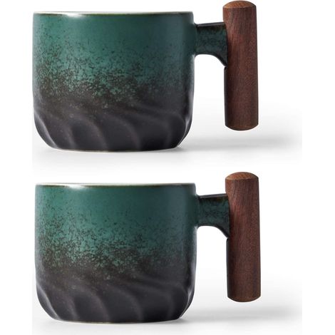 Lot 2 Tasses Expresso Céramique 85ml, Poignée Bois, Porcelaine Demitasse, Vert, Café/Thé