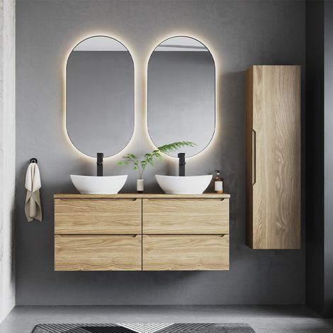 Doppelwaschtisch und Hängesäule 120cm Viggo mit 4 Schubladen, Holzoptik (1/5)