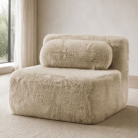 Canapé modulaire sans accoudoirs kaki clair en tissu pelucheux avec coussin et assise moelleuse