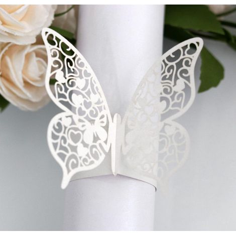 50 weiße Schmetterlings-Serviettenringe aus perlmuttfarbenem Papier, ideal als Dekoration für Hochzeiten, Kommunionen, Abschlussfeiern, Geburtstage und Weihnachten. (1/5)
