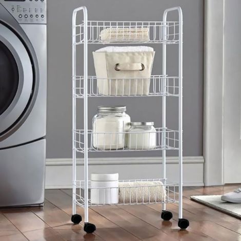 Chariot En Métal Blanc à 4 étagères Avec Roues Solution Peu Encombrante 81x37x26cm
