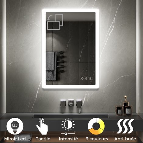 Saniverre – Miroir mural LED lumineux 50x70 cm – Fonction tactile et antibuée – Verre haute définition 5 mm – Éclairage 2100 lumens