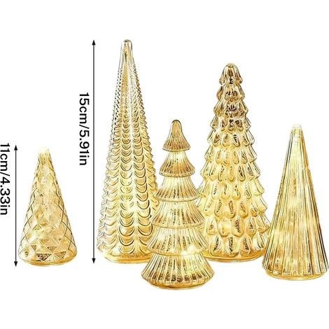 Set aus 5 beleuchteten Weihnachtsbäumen aus Quecksilberglas, Tischdekoration mit LED-Lichtern für Wohnzimmer, Schlafzimmer, Kamin und Büro. (1/5)