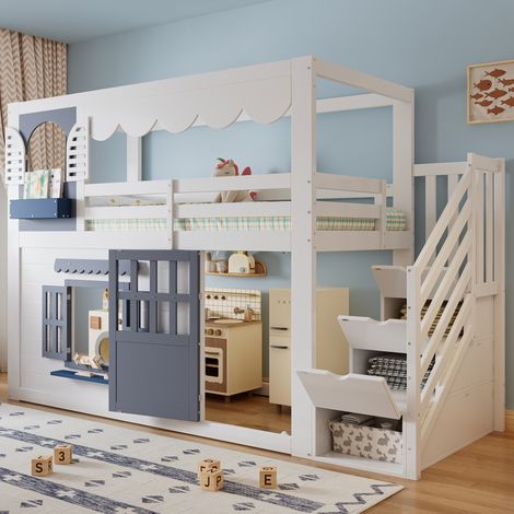 Cama alta 90/200 cm blanca y azul estilo casita con escalera con almacenaje (1/5)