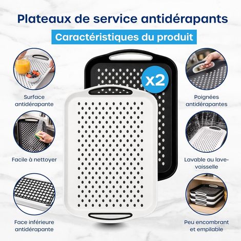 Plateau Antidérapant Pack x 2 (41 x 29 x 4,5 cm) - Grand Plateau de Service Rectangulaire pour Thé, Repas TV, Plateau Cuisine Blanc et Noir pour Maison & Restaurant (1/3)
