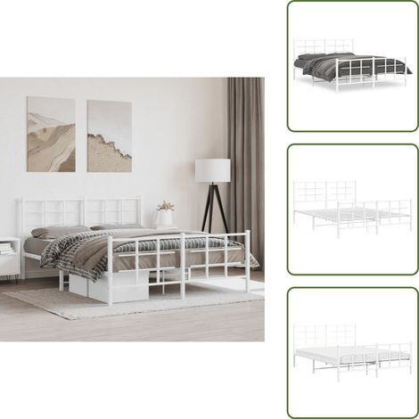 The Living Store Cadre de lit métal sans matelas et pied de lit blanc 150x200 cm - Cadre De Lit - Lit Double - Lit Metal - Lit Blanc - Meuble Chambre