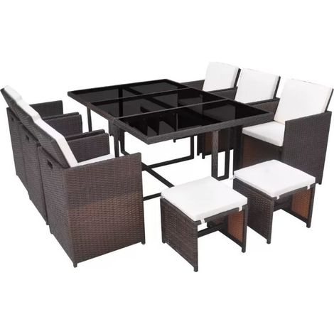 Table rectangulaire et 6 chaises de jardin résine tressée marron Iris (1/5)