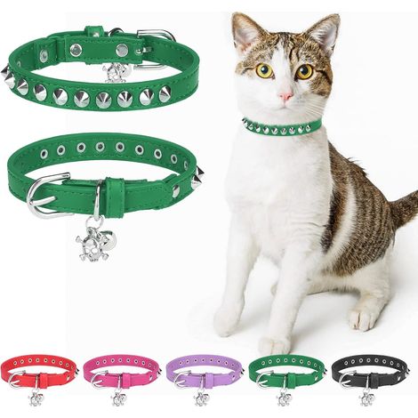 Collier en cuir pour chat garçon et fille avec clochette et ceinture élastique de sécurité, rivets personnalisés réglables avec breloque tête de mort pour chaton de petite taille 20,3 à 30,5 (1/5)