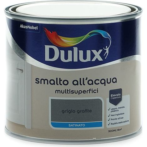 Dulux Smalto Satinato all'Acqua per Metallo Plastica e Legno Pronto all'Uso per Esterni e Interni, 0.5 Litri, Grigio Grafite (1/6)