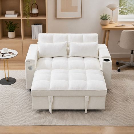 Canapé-lit convertible 2 places beige avec dossier réglable, ports USB et Type-C, coffre dissimulé, table escamotable et roulettes – CHICFURN (1/5)
