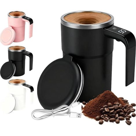 380 ml magnetischer Kaffeebecher mit automatischer Rührfunktion, Temperaturanzeige und Deckel (schwarz).